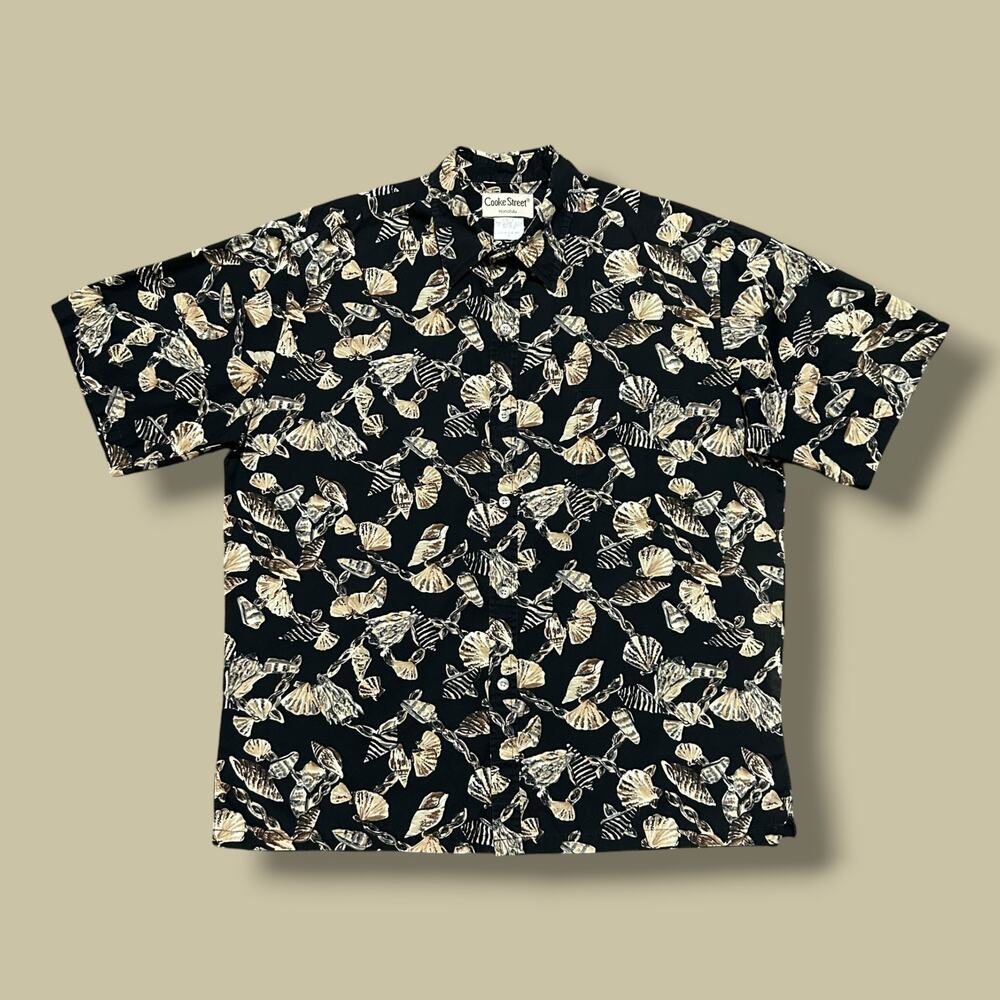 Vintage Hawaiian Shirt Sea Shell All Over Print Button Up Aloha 90s Large Black